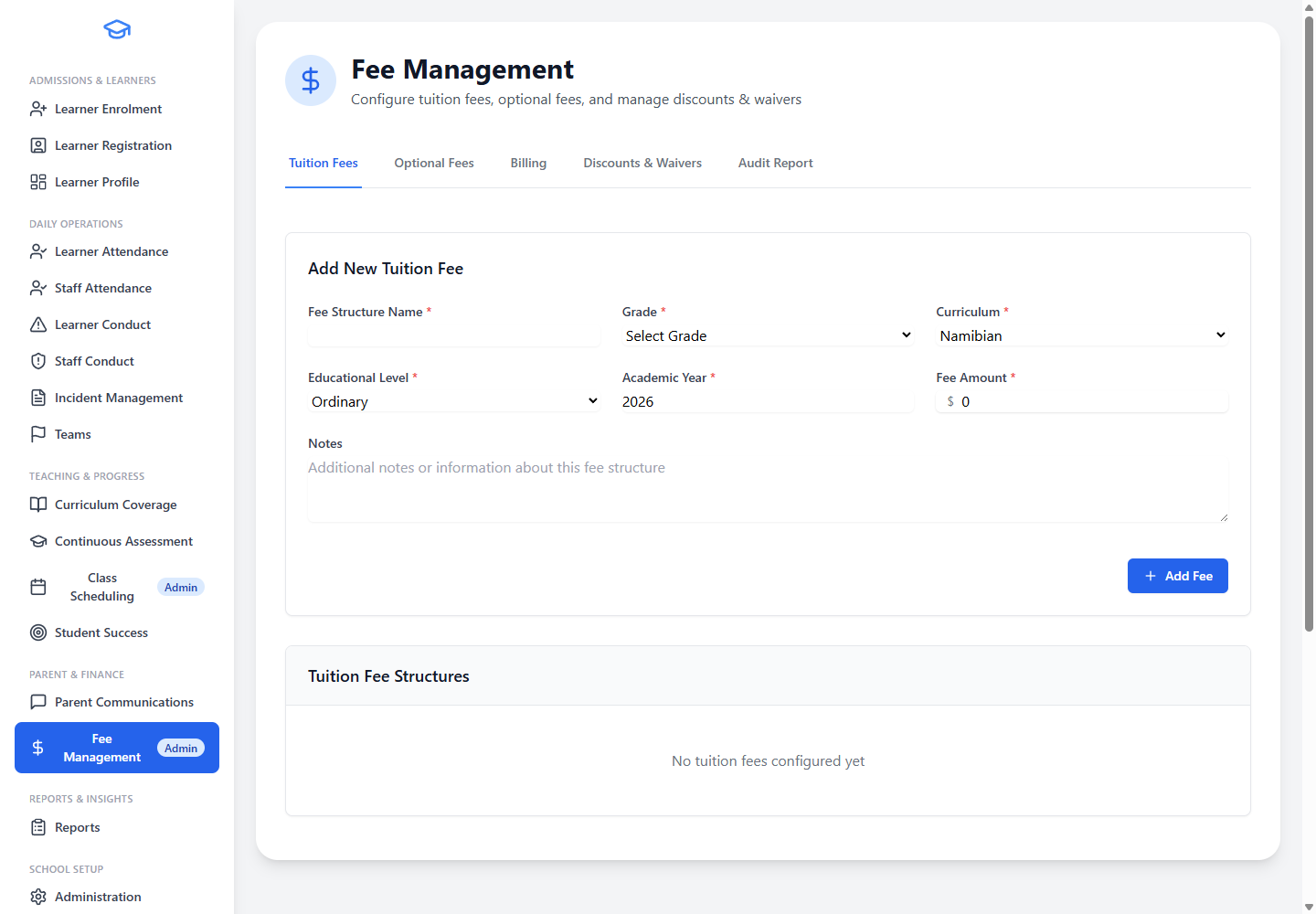 EdminHub fee management screen