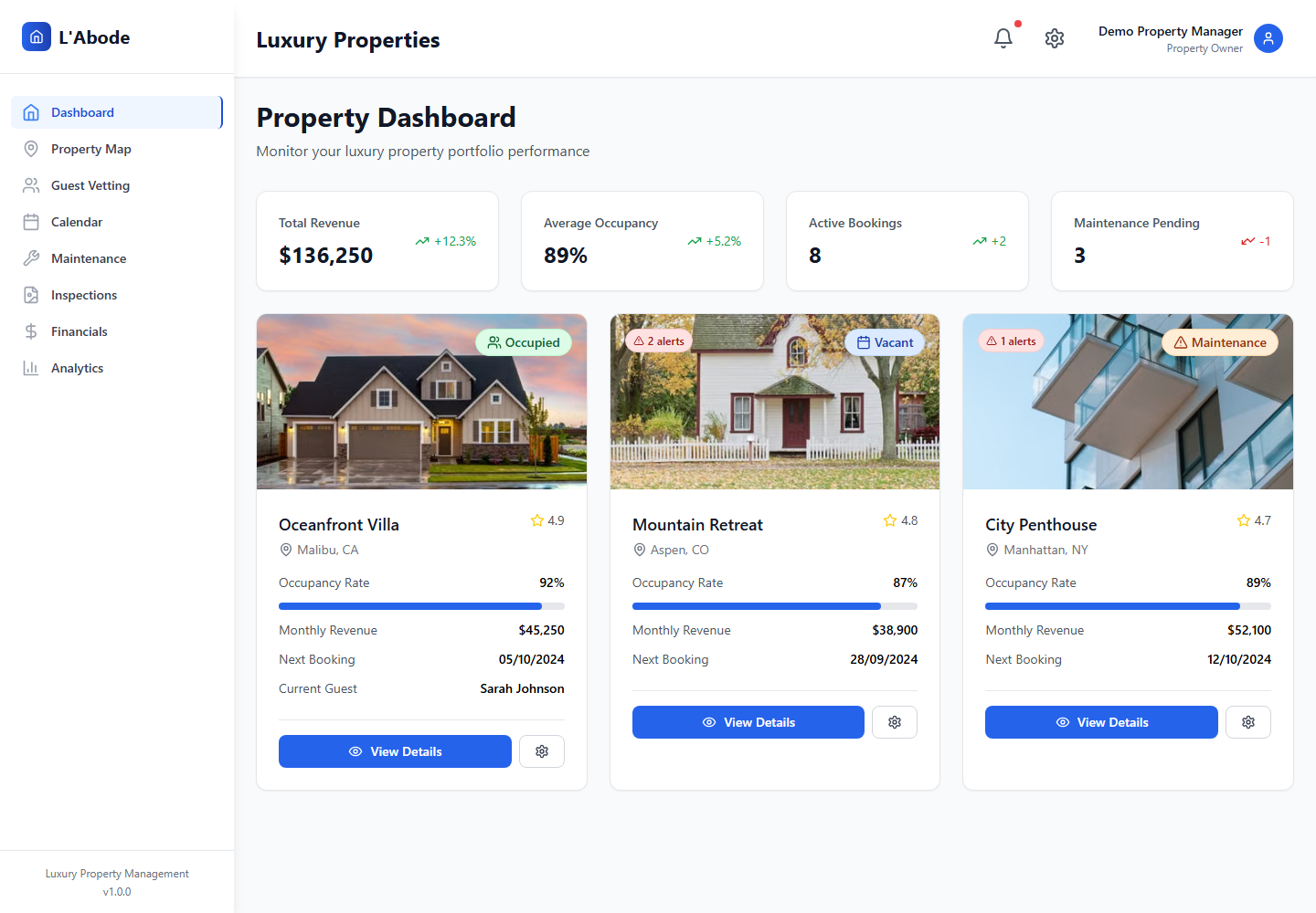Luxury Rentals property dashboard with three properties