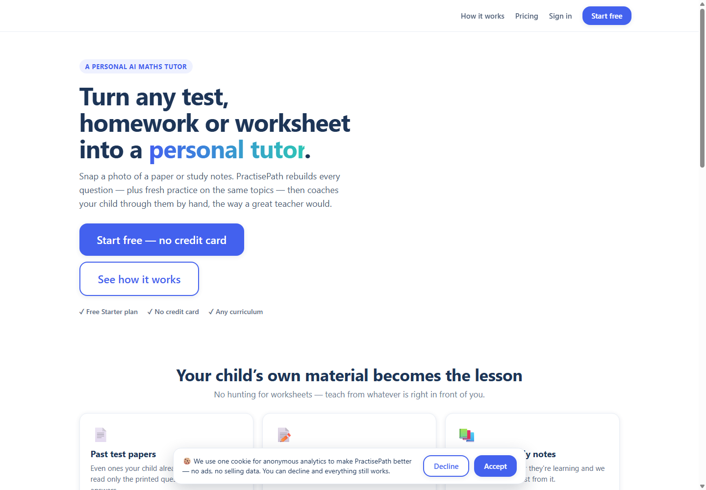 PractisePath AI maths tutor home page